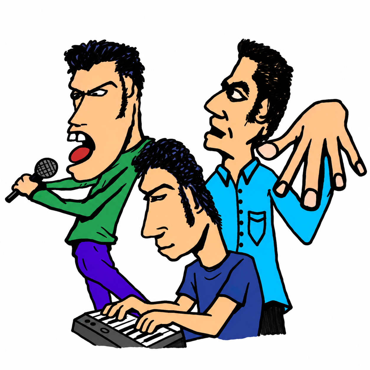 Mosphat cartoon avatar showing all three members with a microphone and keyboard